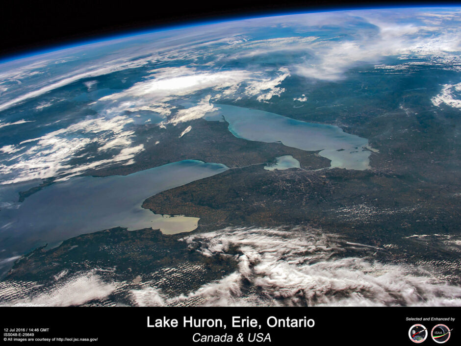Lake Huron, Erie, Ontario - Canada & USA. The Huron-Erie corridor is visible between the two lakes