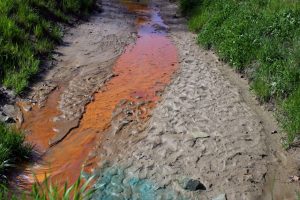 A small stream located in East Kentucky runs orange as a result of mountaintop removal mining