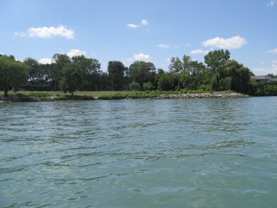 New gravel beach near downtown Windsor west of the Weeks fountain. It follows the Canadian shoreline, including parts of Peche Island.