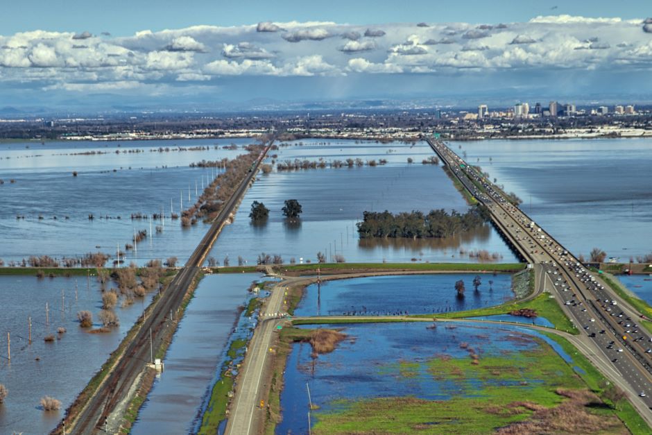 Looking towards the city of Sacramento, the Yolo Bypass is pictured.