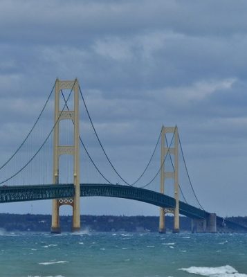 The Mackinac Bridge divides Lake Michigan and Lake Huron. 