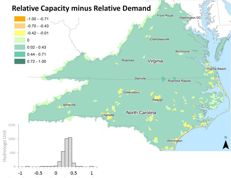 An example of cultural ecosystem services mapping, with green areas showing where a fishery's capacity outweighs the demand of anglers