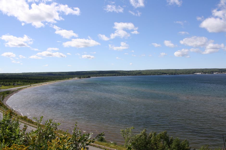 The base of the Keweenaw Bay. U.S. Route 41 is visible along the shoreline. Buffalo reef is nearby