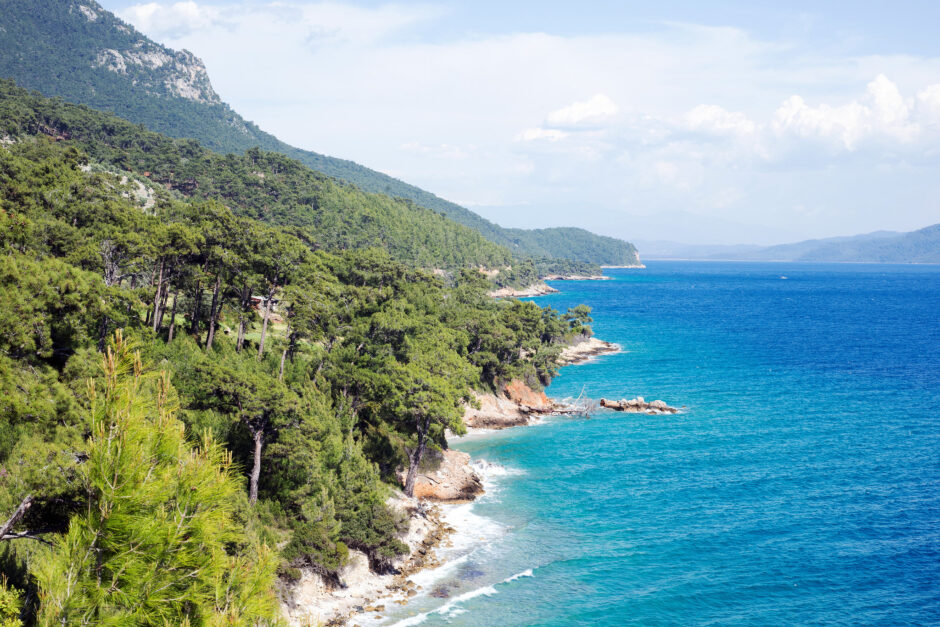 Coastline of Gokova Bay, Turkey, a designated marine protected area.